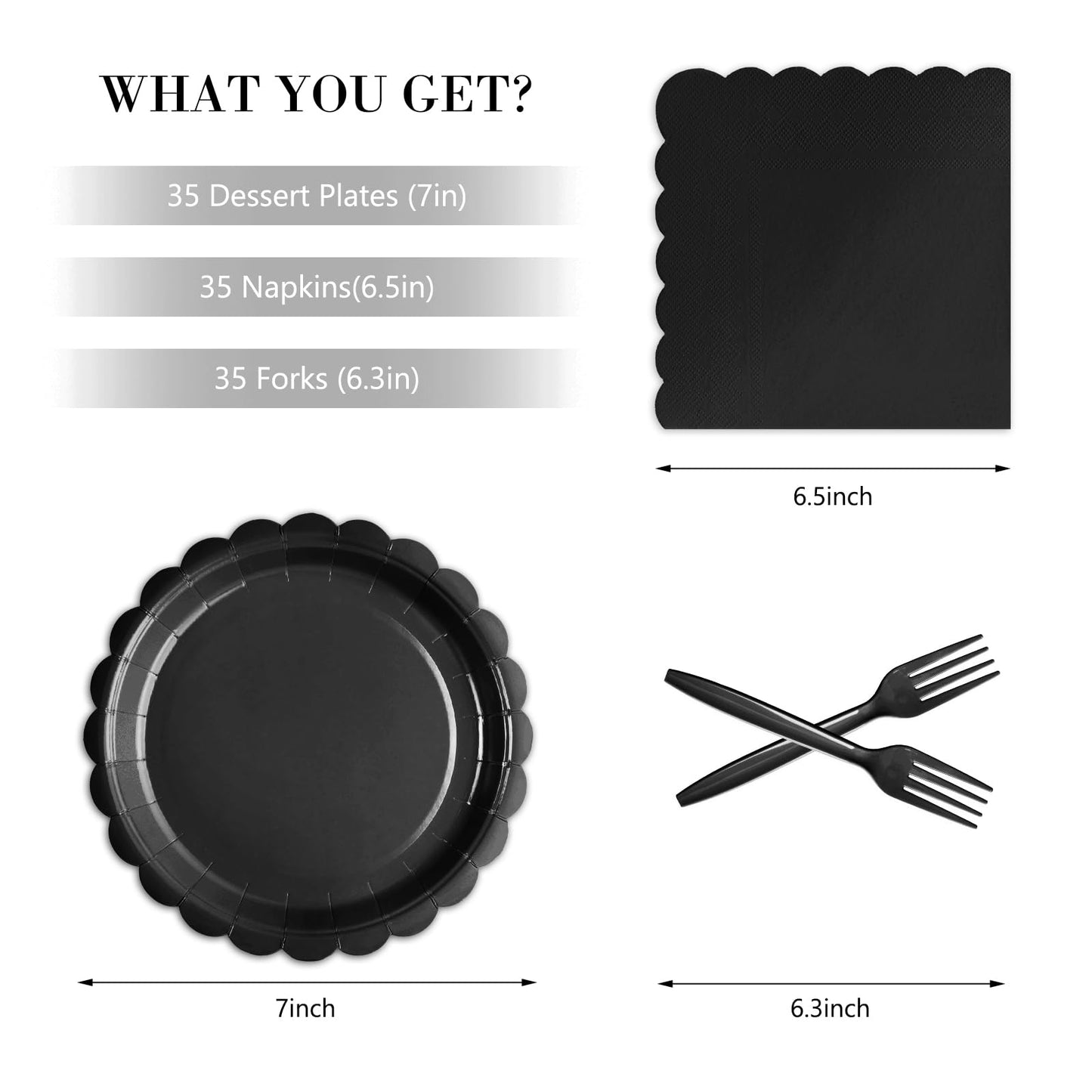 Tyzarglef 105PCS Paper Plates and Napkins Set, 7 Inch Scalloped Disposable Tableware with Forks for Birthdays, Garden Parties & Outdoor Events, Serves 35 (Black)