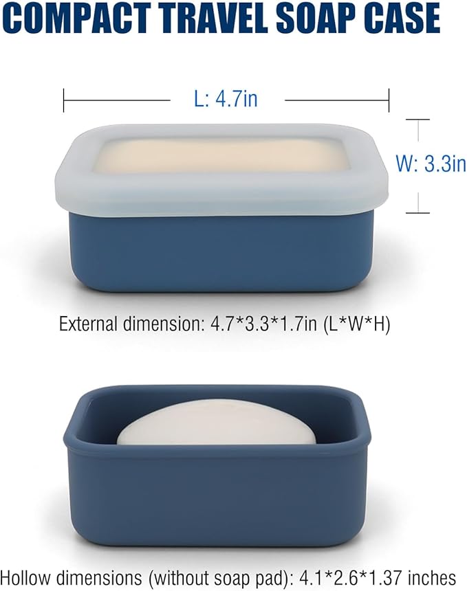 Compact Leakproof Travel Soap Case, Silicone Travel Soap Container, Portable Soap Box with Drainage Layer, Shatterproof Soap Holder for Bathroom, Gym (Blue)