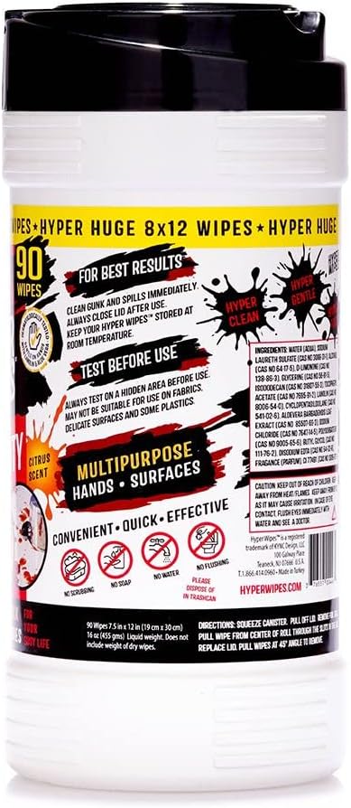 Hyper Wipes, 1 Pack Heavy Duty Hand & Tool Cleaning Wipes, 8"x12" Size Multi-Surface Cleaning Wipes, Degreasing, All Purpose Cleaner, Bathroom, Mechanic, Work Surface Wipes, 90 Count Canister