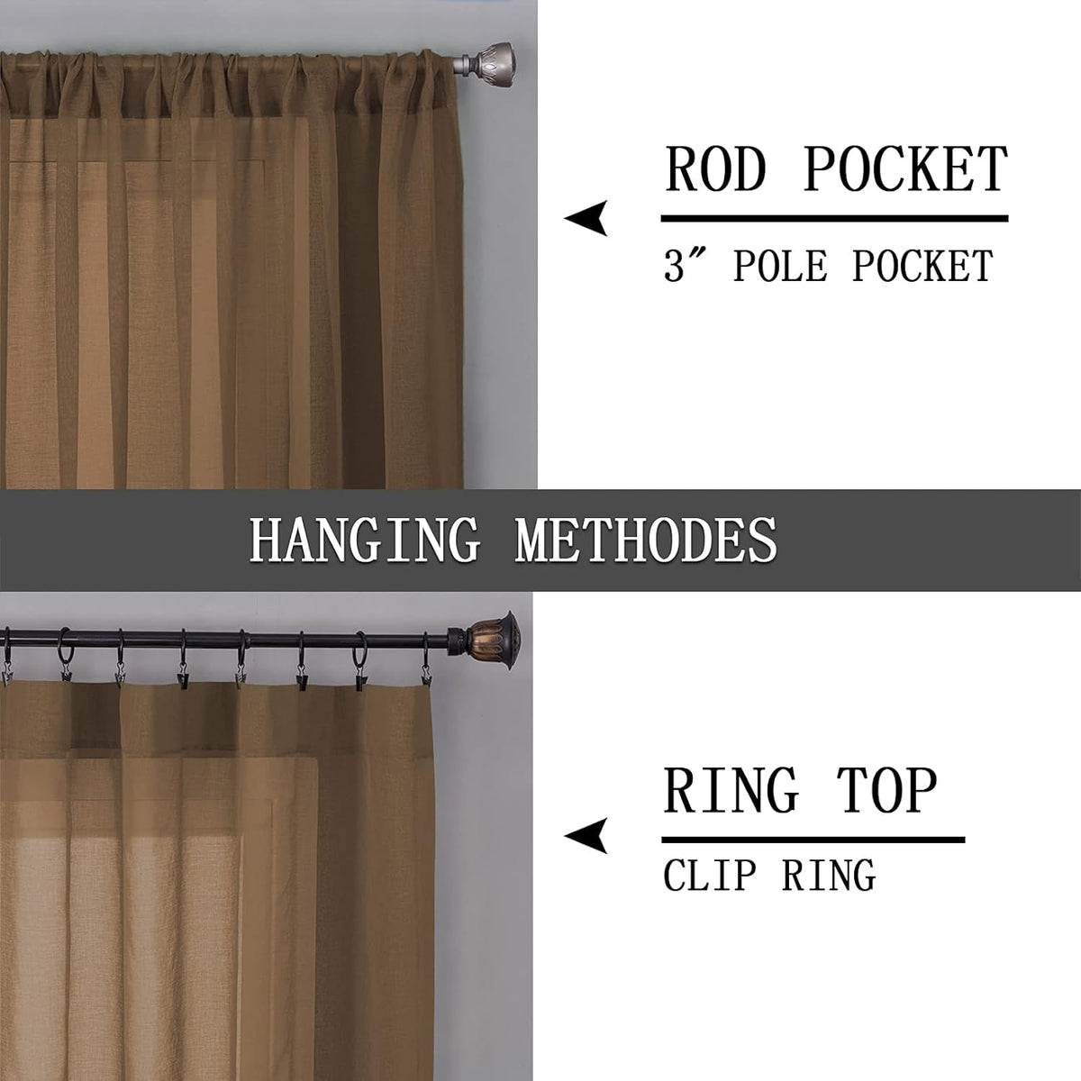 Tollpiz Sheer Curtains Linen Textured Living Room Curtain Sheers Light Filtering Rod Pocket Voile Curtains for Bedroom, 42 x 63 inches Long, Brown, Set of 2 Panels