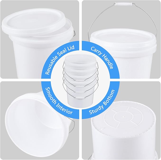4 Gallon Round Buckets with Sealable Lids, White Plastic Food Storage Buckets, 4 Pack