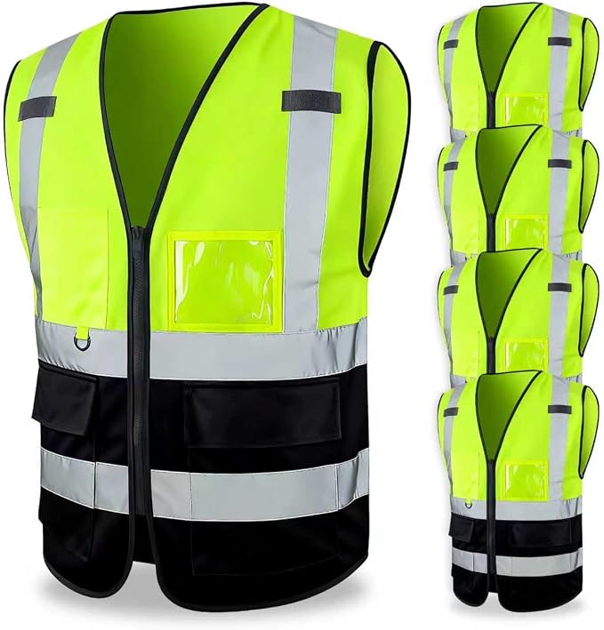 FATONE Hi Vis Safety Vest for Men with Reflective Strips, Class 2 High Visibility Vest with Pockets for Construction, Traffic, Warehouse, Security, Volunteer, 5 Pack Black Bottom Yellow, S