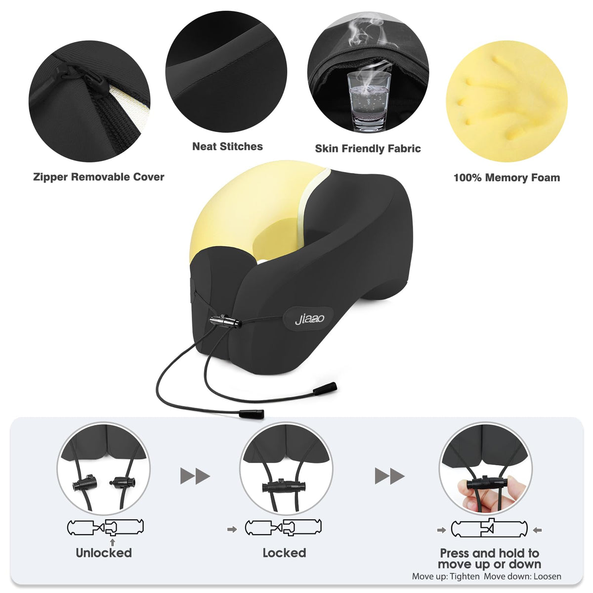 jiaao Neck Pillow Airplane, 2025 Upgraded Memory Foam Travel Pillow for International Flights, Adjustable Clasp, Storage Bag, Advanced Neck Support for Road Trips, Home, Office, and Gaming