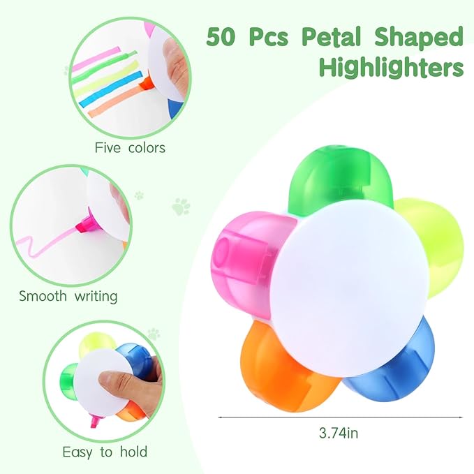 50 Pcs Petal Highlighters, Flower Shape Fluorescent Pens, 5-in-1 Highlighters for Marking, Drawing, Petal-Shaped Aesthetic Markers for Homes, Schools, Office Stationery Supplies (50)