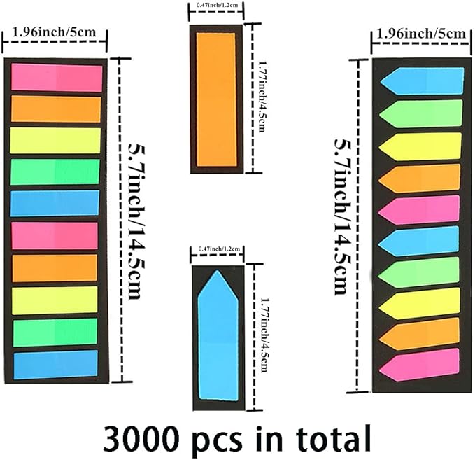 3000 Pieces Neon Page Markers Sticky Index Tabs, Colored Index Tab Flags, Fluorescen Sticker Tabs Note for Books, 12 Sets 2 Designs