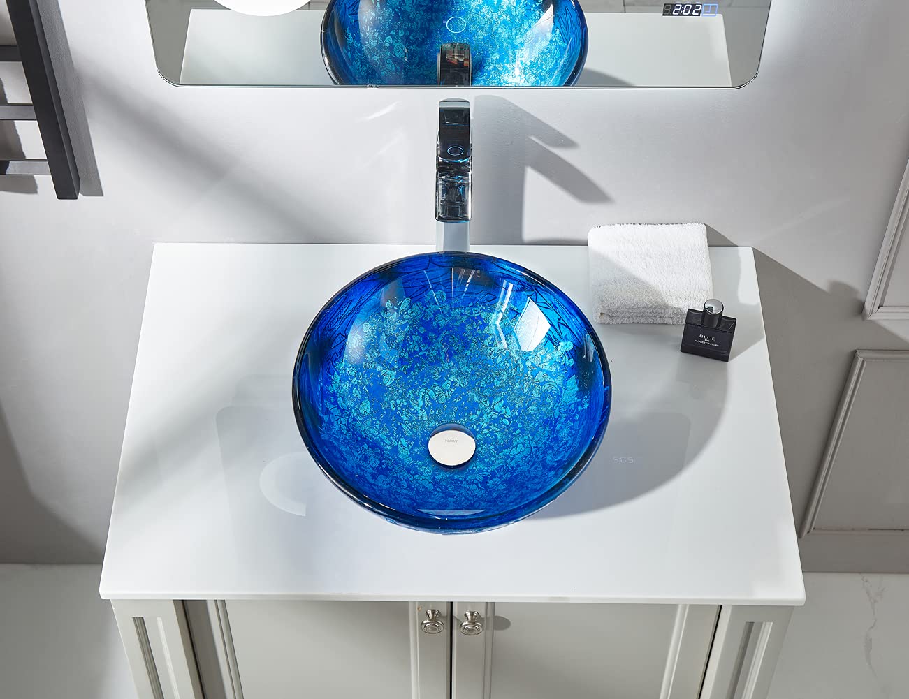Fanwin Star Blue OceanMystery Series Tempered Deco Glass Vessel Bathroom Sink in Starry Blue | Top Mount Sinks Above Countertop | Vanity Countertop Sink Bowl with Pop Up Drain |FW-LA604