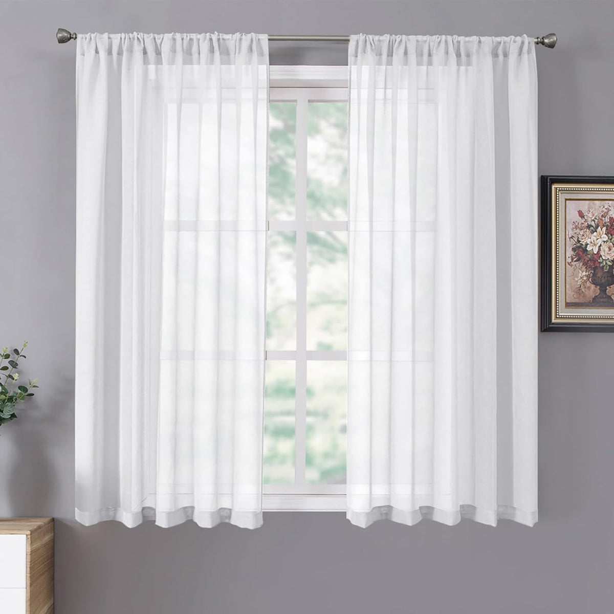 Tollpiz Sheer Curtains Living Room Linen Textured Curtain Sheers Light Filtering Voile Rod Pocket Curtains for Bedroom, 38 x 63 inches Long, White, Set of 2 Panels