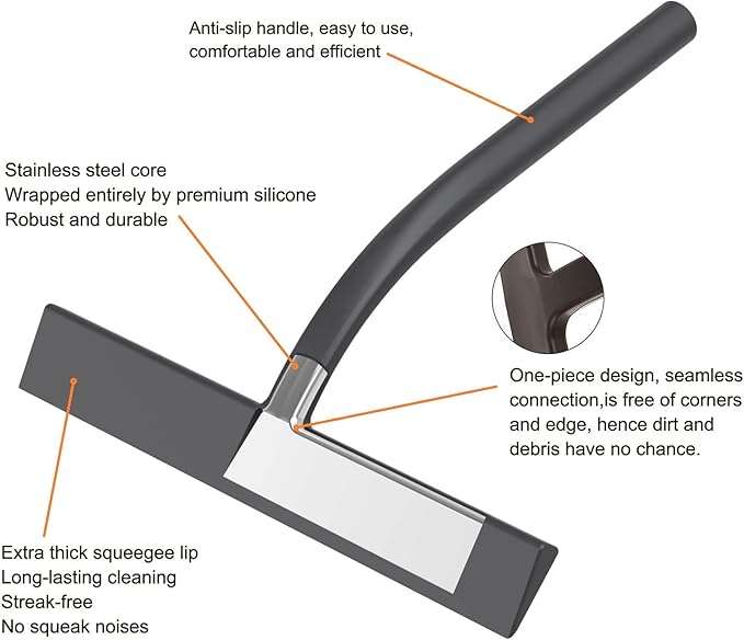 Squeegee, Matte Black 9 inch, Streak Free Cleaning, Shower Squeegee for Glass Doors, Bathroom, Shower Doors, Mirrors, Tiles and Car Windows,Silicone Squeegees,Shower Cleaner with 2 Hooks.