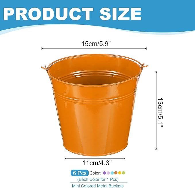 PATIKIL 6"x5" Small Metal Buckets with Handle, 6 Pcs Mini Bucket Easter Buckets, Green/Yellow/Orange/Blue/Light Purple/Purple