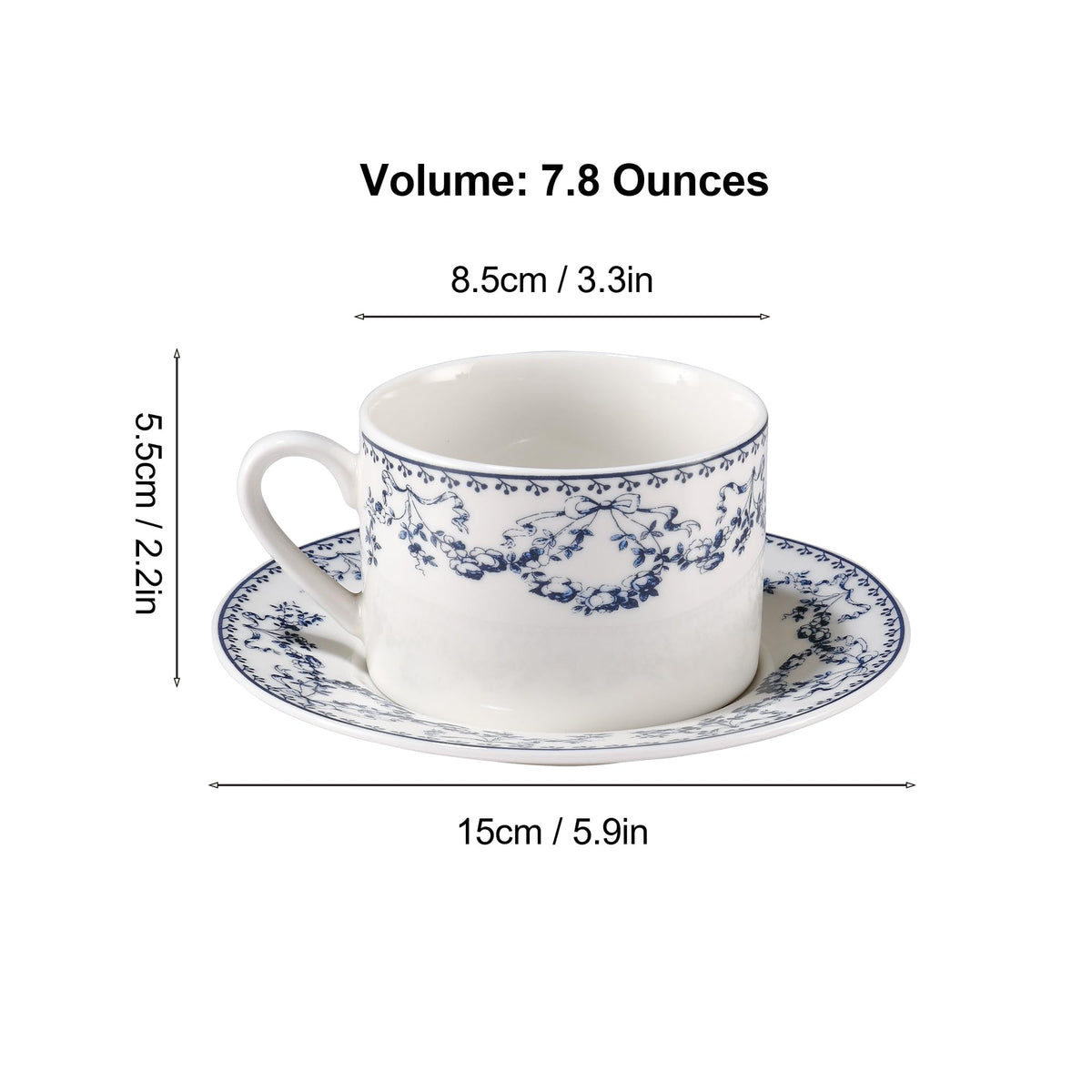 fanquare 8 oz Blue Floral Coffee Cup and Saucer Set, Hand-Printed Bow Flower Procelain Tea Cups for Espresso Latte Cappuccino Home Tea Party Gifting