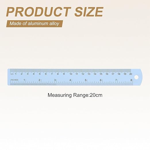 HARFINGTON 2pcs Metal Straight Ruler 20cm Metric SAE Aluminum Alloy Measuring Rulers Scale Tool with Hole for Measure Study Reading Classroom Office, Light Blue