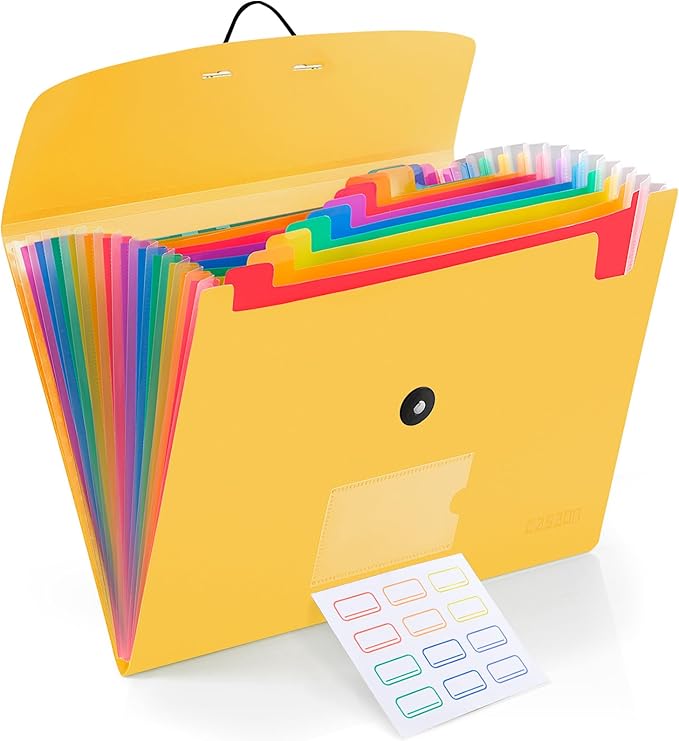 13 Pocket Expanding File Folder Accordian File Organizer, A4 Letter Size Paper Document Receipt Holder for School Office Supplies, Yellow