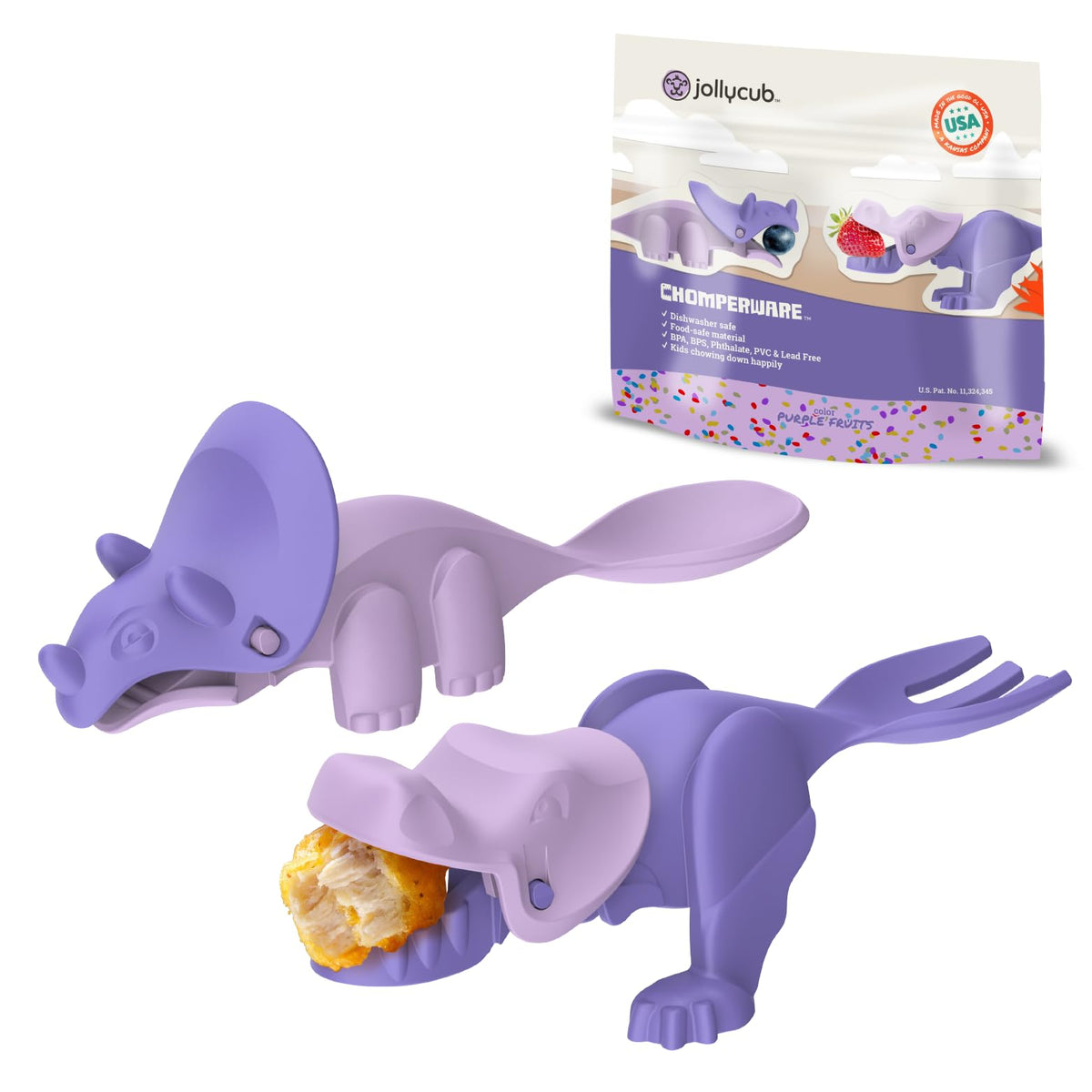 Jollycub® Interactive Toddler Utensils, Dino Chomperware™, Kids Silverware Set, BPA Free, Made in USA (Purple Fruits)