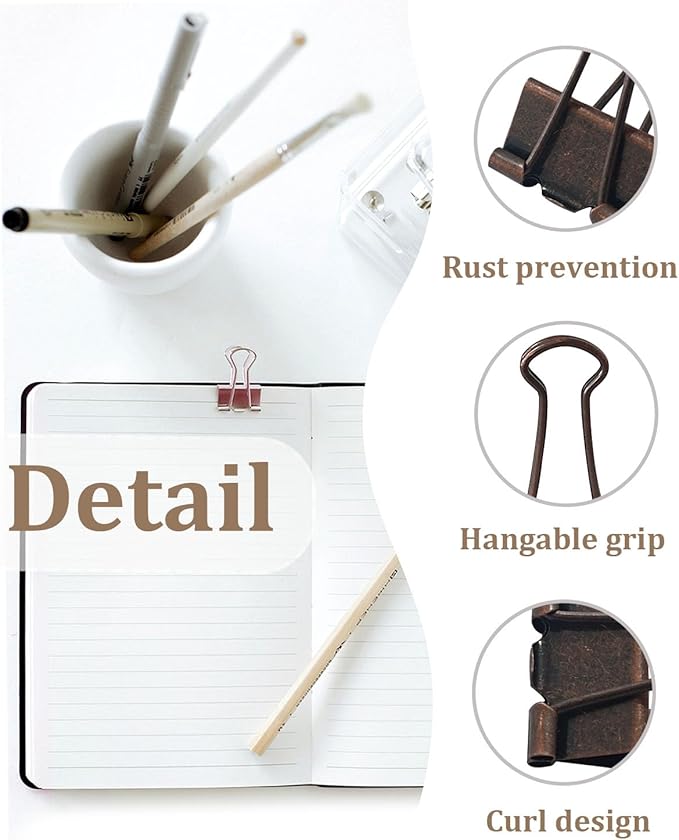 Assorted Binder Clips 0.75/1/1.25in 25-Pack - Copper Tone Clips for Office & Home