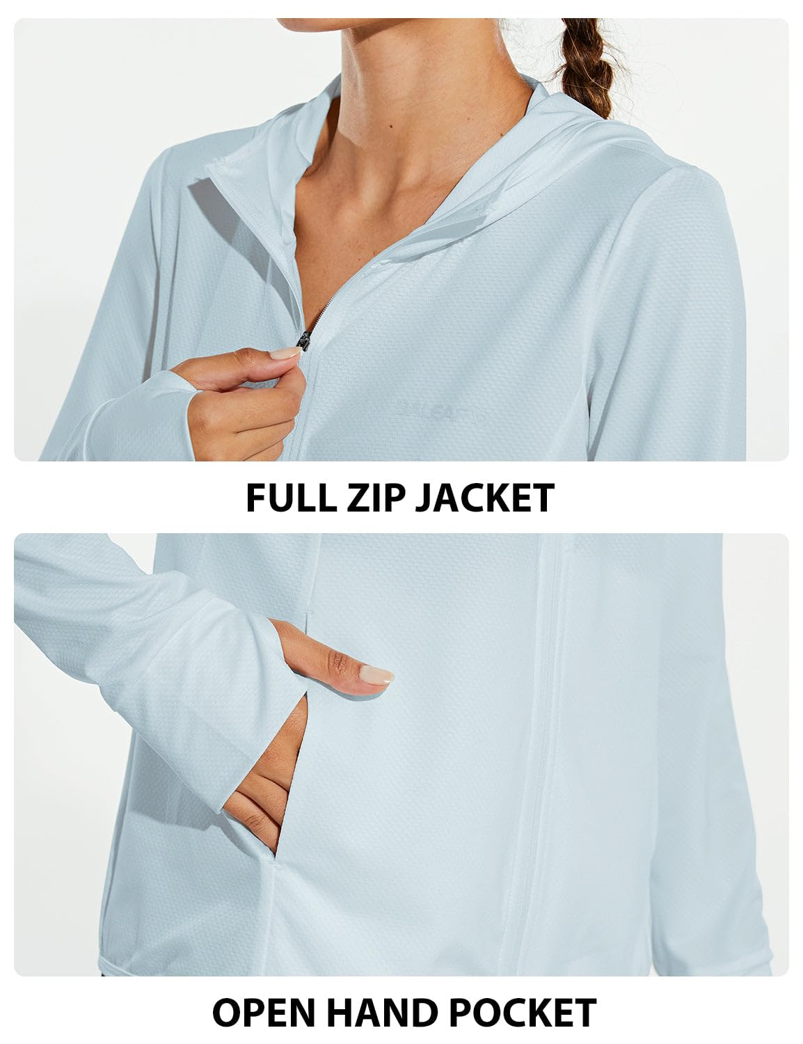 baleaf Women's Long Sleeve Sun Protection Shirts UPF Zip Hoodie Jackets Lightweight Quick Dry Outdoor Light Blue XXL