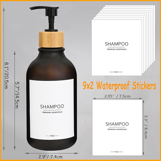 Frosted Plastic Shampoo and Conditioner Bottles, Apothecary Dispenser Bamboo Pump, Refillable Bottles for Shower Lotion, Oil, Hand Soap, Sanitizer, Liquid Soap, Set of 3 with 9 Labels (6, Matte Amber)