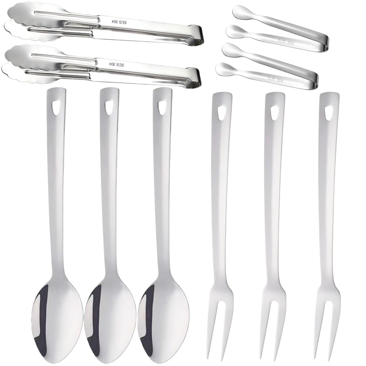 10-Piece Large Flatware Serving Utensils Sets, Stainless Steel Long Handle Serving Spoons, Heavy Duty Serving Forks, Serving Tongs, Mini Sugar Tongs for Buffet Catering Banquet Party (Silver)