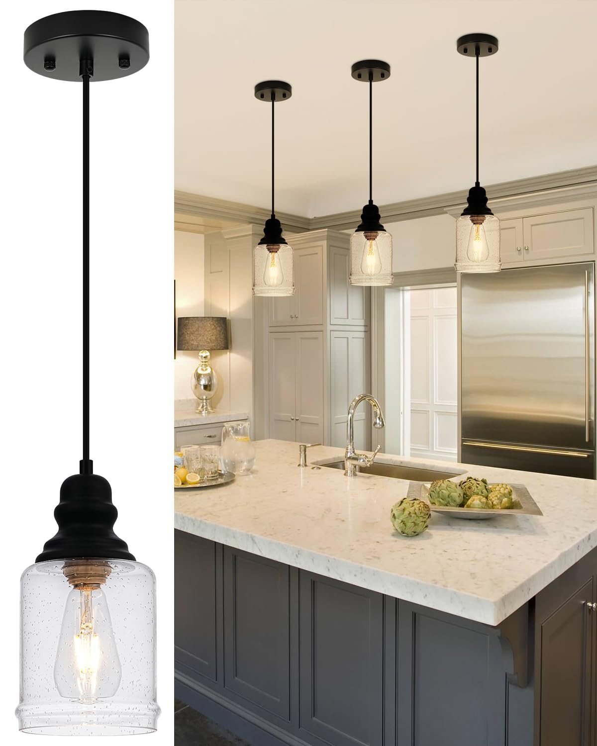 WILON Modern Glass Pendant Lights for Kitchen Island, 6.29" Mini Pandent Light Fixture with Seeded Glass Shade Black Farmhouse Pendant Lights E26 Base Hanging Kitchen Lights for Sink Dinging Room