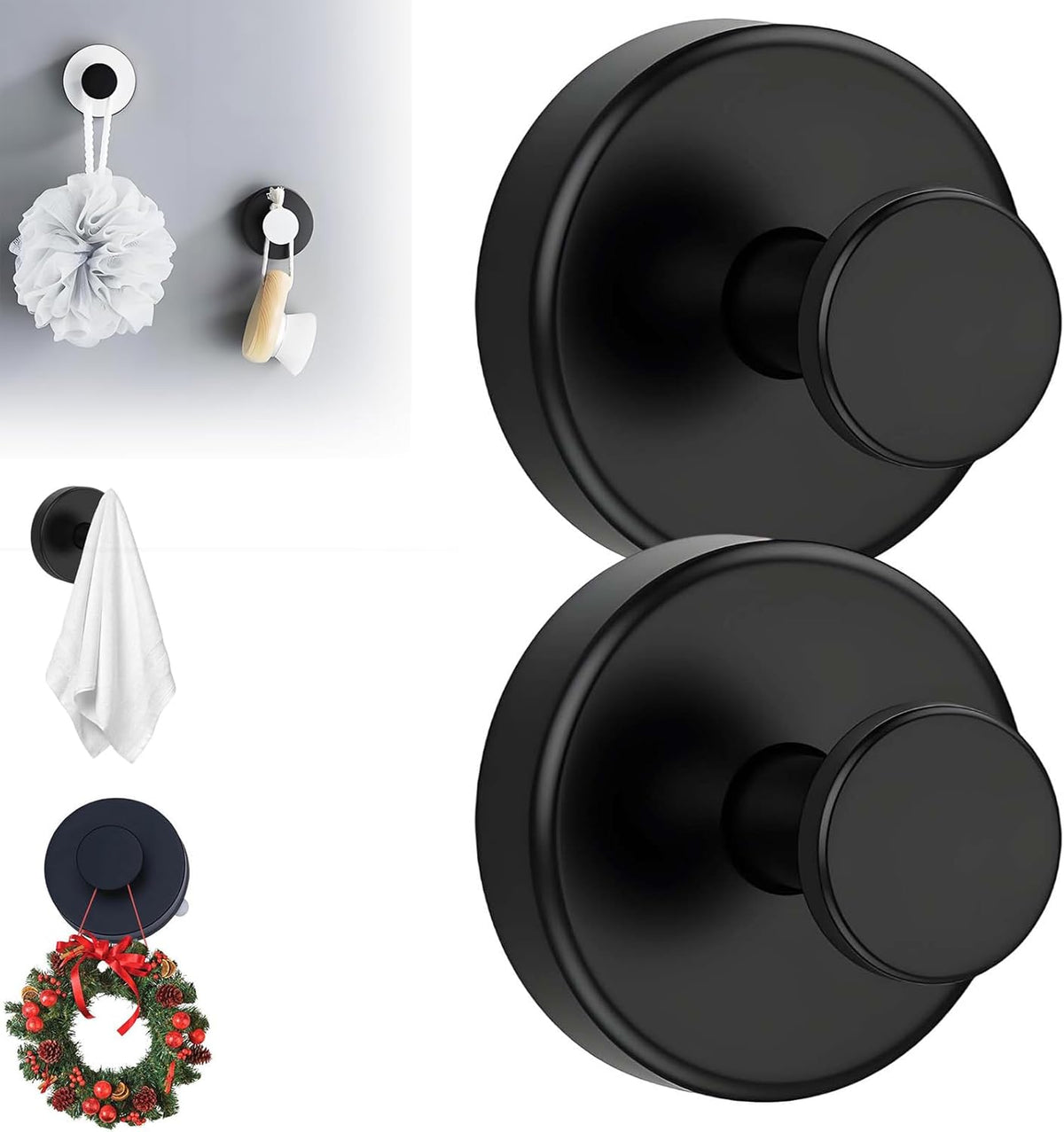 Suction Cup Hooks for Wreaths, 2025 New No Drill Suction Cup Hooks on Glass, Wreath Hanger for Front Door, Rustproof Hook Holder Towel Hook for Window Bathroom Mirrors Tile (2, Black)