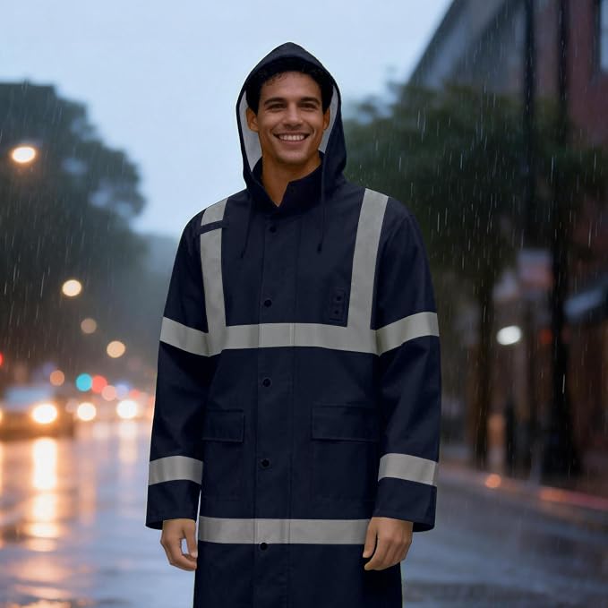 Hi Vis Rain Coat, High Visibility Rain Jacket Waterproof with Hood, Lightweight Raincoat for Men Women, Reflective Rain Suit for Hiking Camping Outdoor Activities, L, Dark Blue Long, 3XL