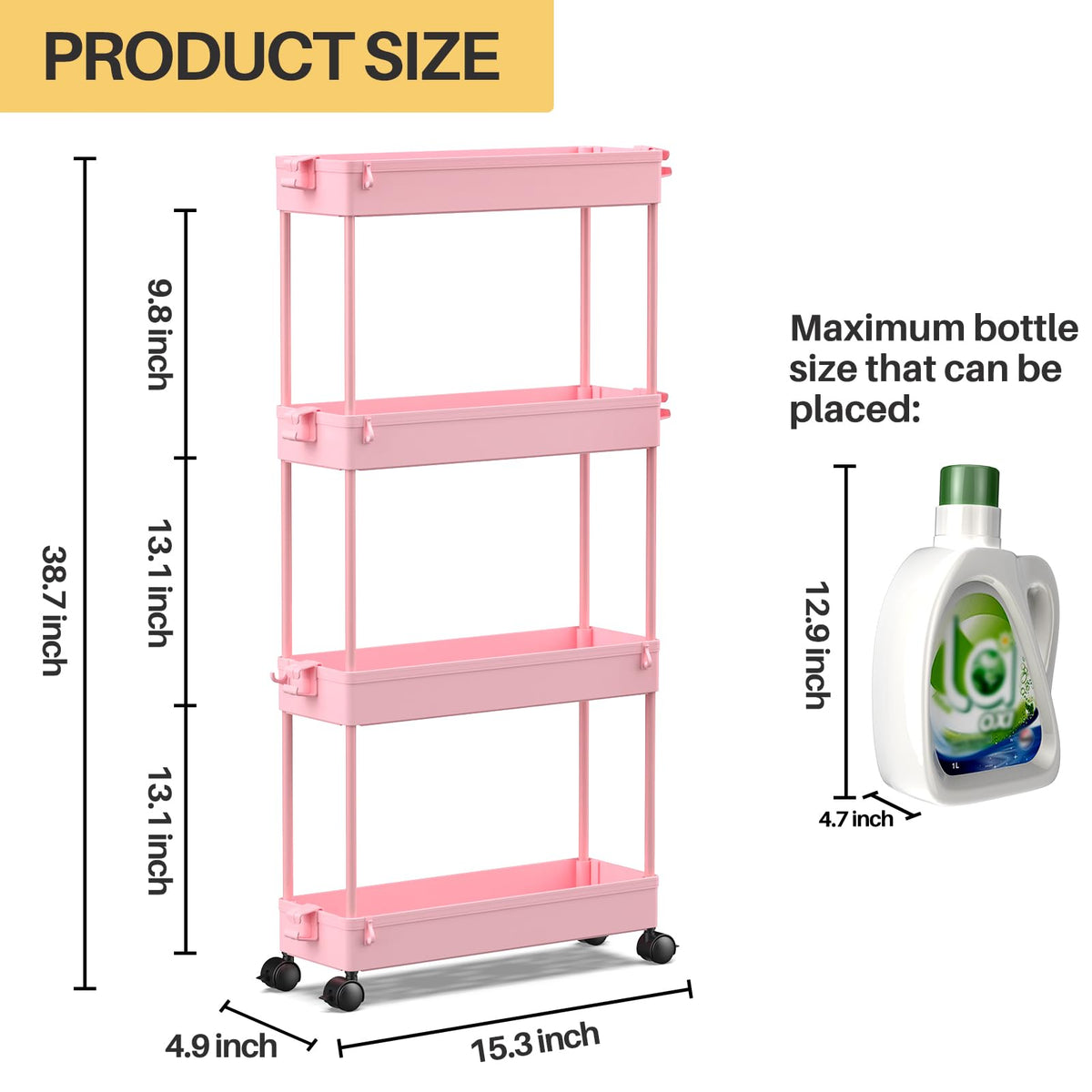 SPACEKEEPER Slim Rolling Storage Cart 4 Tier Bathroom Organizer Utility Cart Mobile Shelving Unit Tower Rack for Kitchen, Laundry Room, Bathroom, Narrow Places, Pink