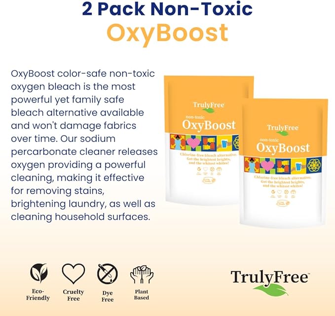 Truly Free OxyBoost - Oxygen Whitener & Clothes Stain Remover Laundry Detergent Powder with Sodium Percarbonate - Brightens Whites & Safe for Colors - Non-Chlorine, Gentle Yet Powerful - Pack of 2