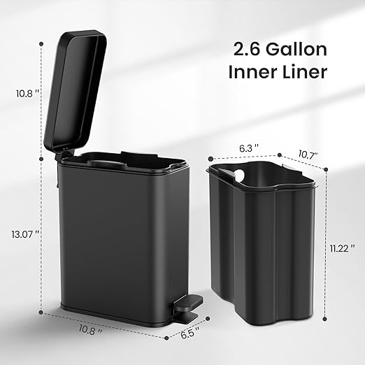 Cesun Bathroom Trash Can with Lid, 2.6 Gallon Small Black Bathroom Garbage Can Soft Close, Stainless Steel Waste Basket with Step Pedal for Bedroom, Laundry Room, Living Room, Home Office, Toilet, RV