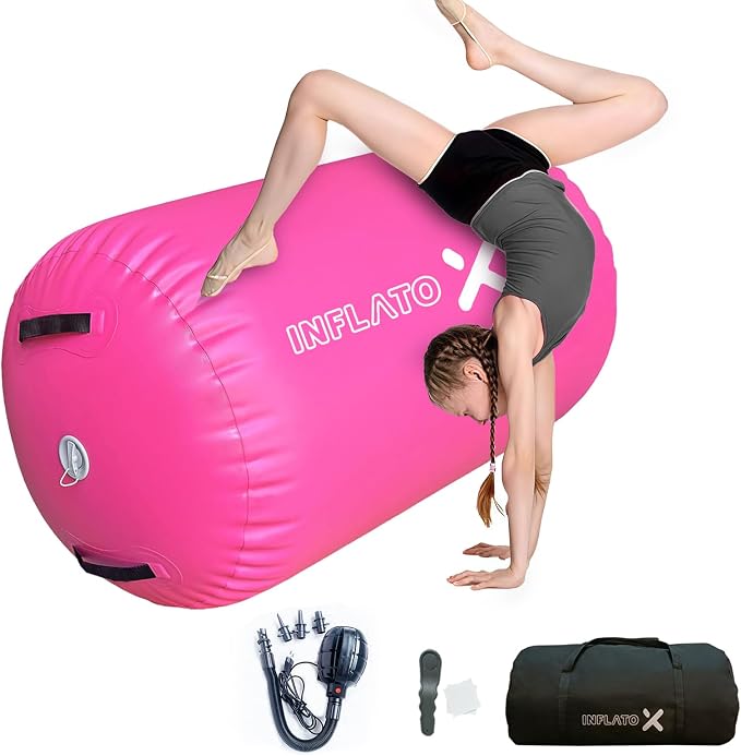 Inflatable Gymnastics Air Barrel Roller & Tumbling Mat with Pump - Air Spot Portable Training Equipment for Yoga, Backhandspring, Cheerleading Home, Gym Use
