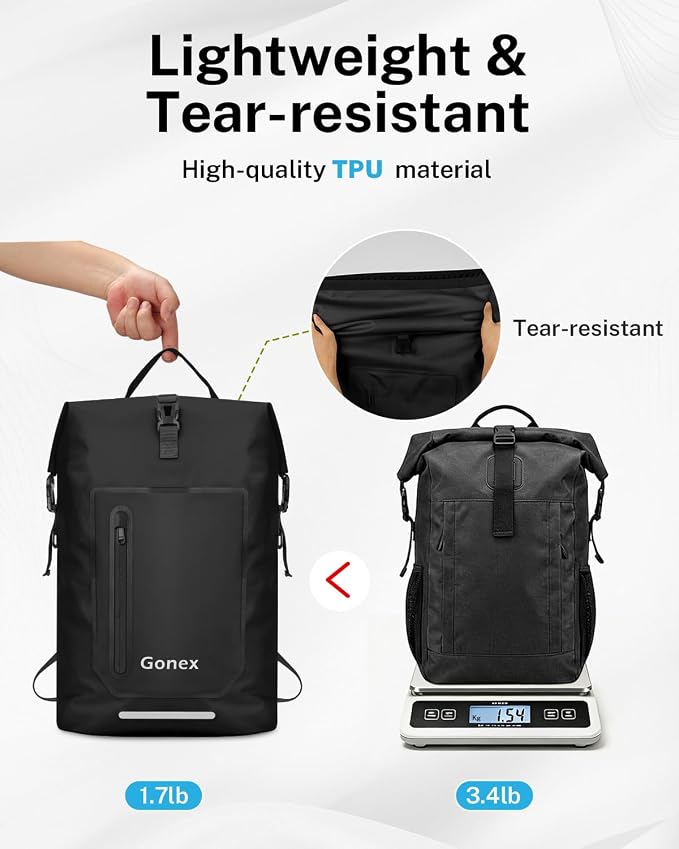 Gonex Ultralight Waterproof TPU Backpack, 55L Roll Top Dry Bag with Comfortable Padded Back Panel for Kayaking Boating Camping Fishing Travel,Black