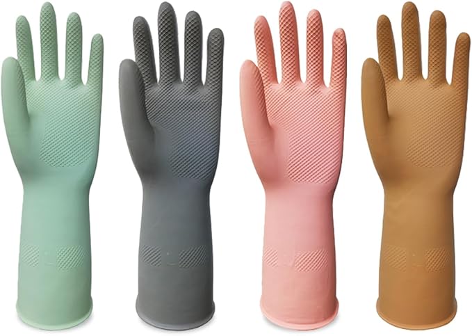 4 Pairs Rubber Cleaning Gloves, Dishwashing Kitchen Gloves for Washing Dishes Non-Slip Grip Design for Cleaning
