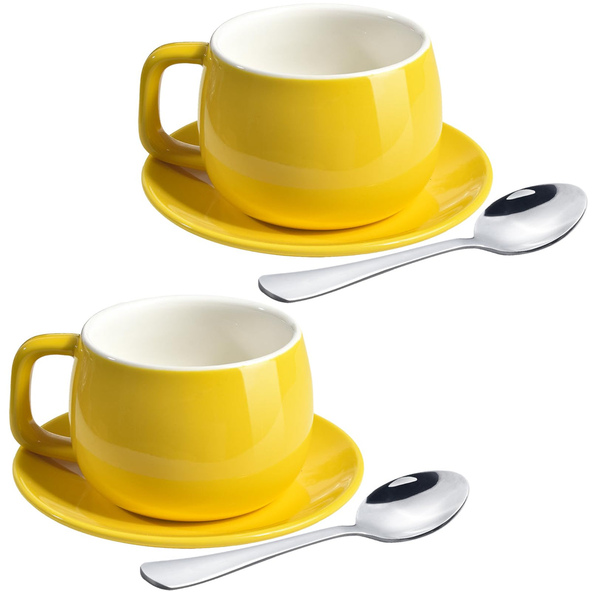 ionEgg Porcelain Coffee Cup with Saucers and Spoons 270ml/9oz for Latte, Cappuccino and Tea, Yellow, Set of 2