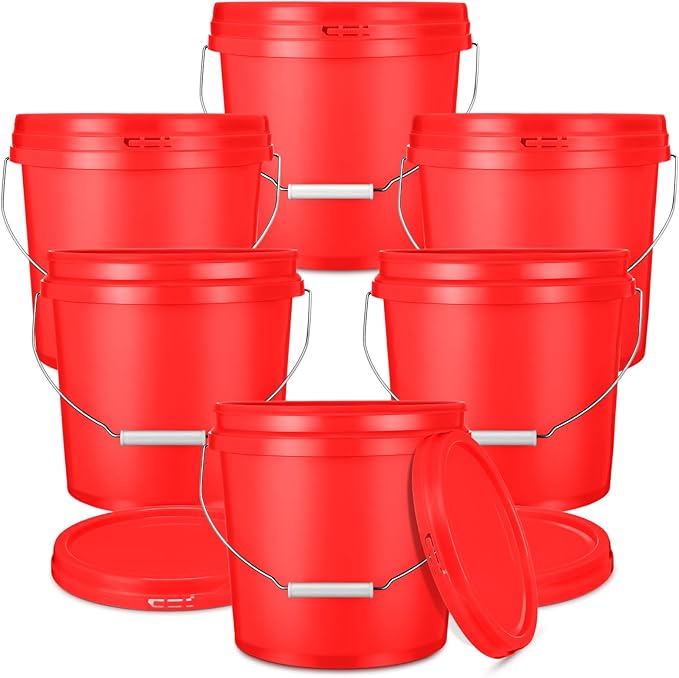 6 Pack 2 Gallon Plastic Bucket with Lid Heavy Duty Pail with Metal Handle Reusable Small Multipurpose Paint Buckets Container for Food Storage(Red)