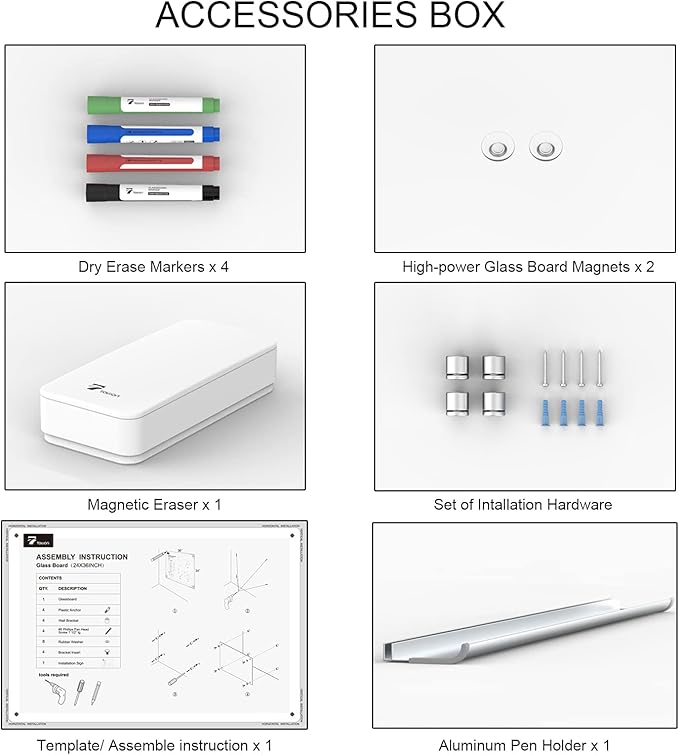 TOWON Tempered Glass Calendar Dry Erase Board for Wall, 3' x 2' Magnetic Whiteboard Calendar Planner for Office, Home, School Supplies, White, 36 x 24 Inches