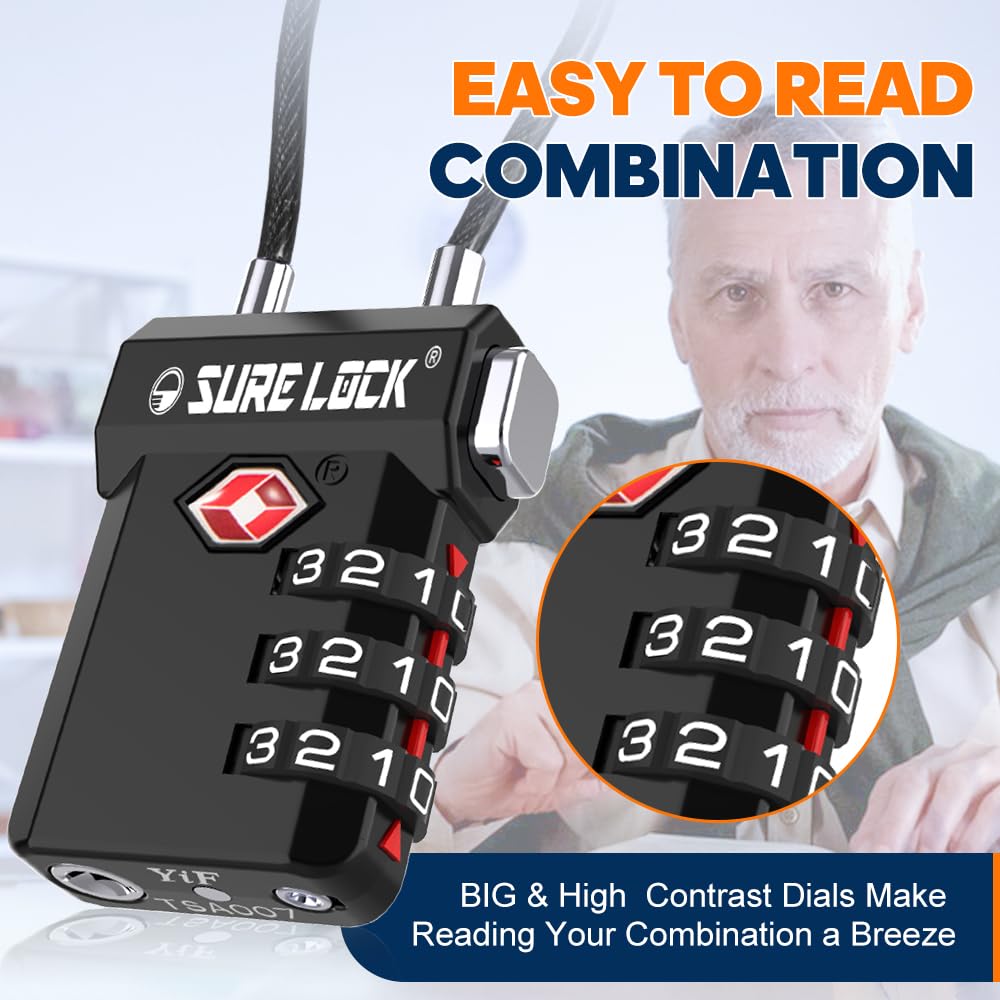 SURE LOCK TSA Approved 3-Digit Combination Luggage Locks – Open Alert Indicator, Re-settable Code with Zinc Alloy Body, Easy-Read Dials for Suitcase, Backpack, Gym Locker & Toolbox(Black 1 Pack)