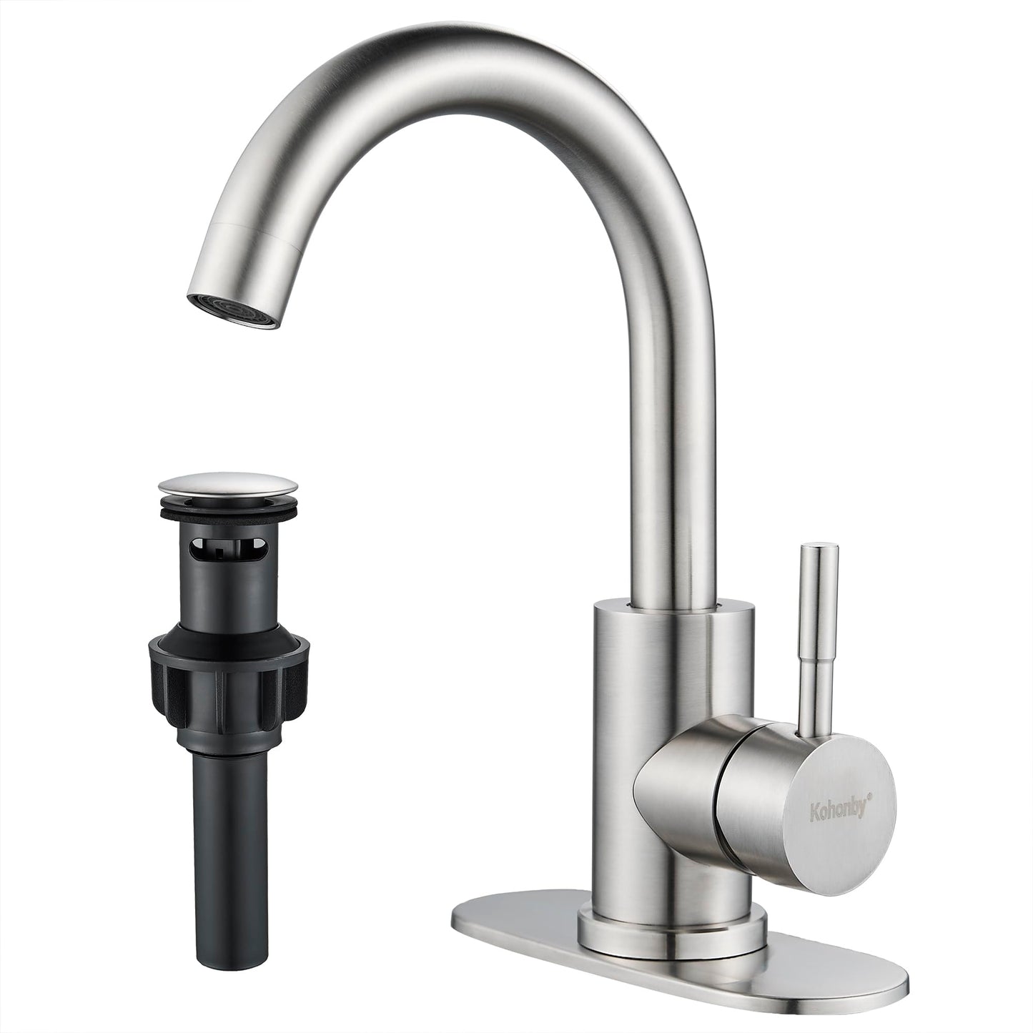 Kohonby Brushed Nickel Bathroom Sink Faucet - Single Hole, Modern Single Handle Commercial Stainless Steel Bar Faucet with Drain