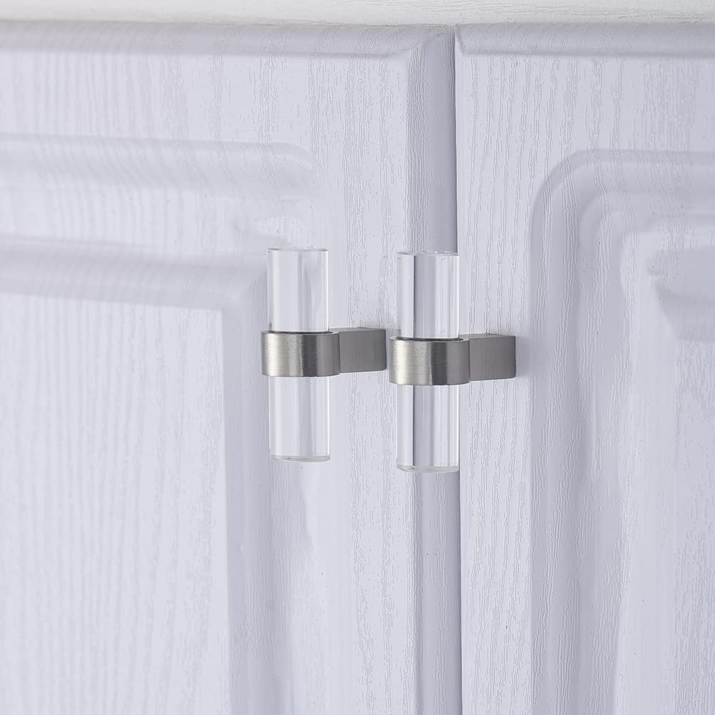 BonKuDoo 10 Pack Brushed Nickel Cabinet Knobs Clear Glass Crystal Drawer Knobs Kitchen Cabinet Pulls and Knobs for Dresser Drawers T-Bar