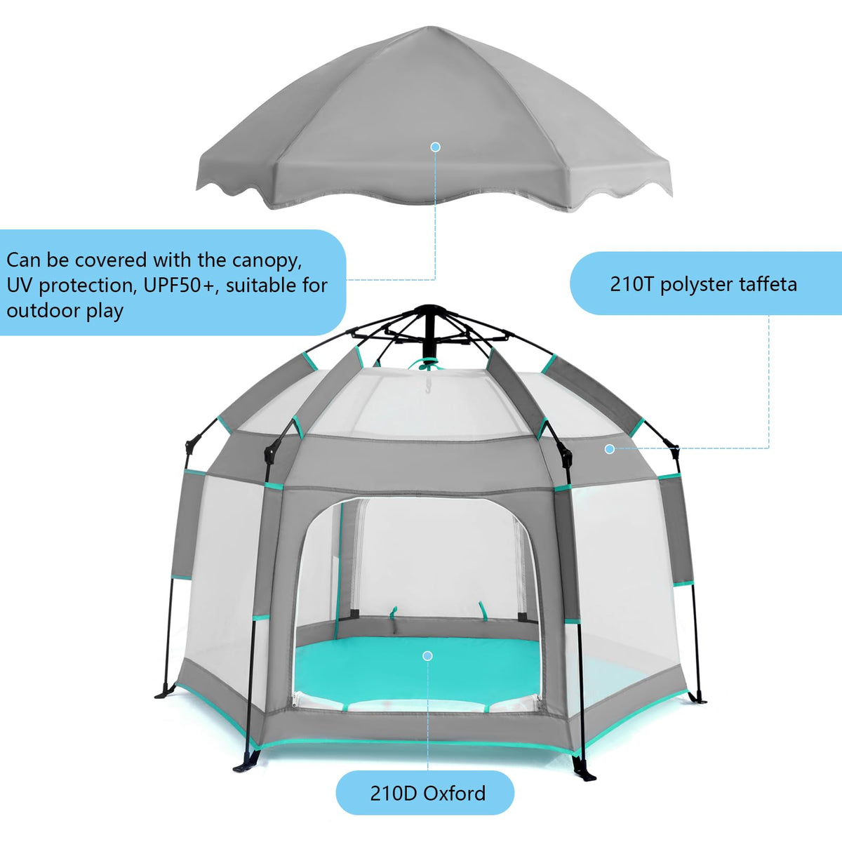 Bend River Baby Playpen with Canopy, Portable Baby Beach Tent, Toddler Play Yard Indoor and Outdoor, Foldable Mosquito Net for Infant - Grey