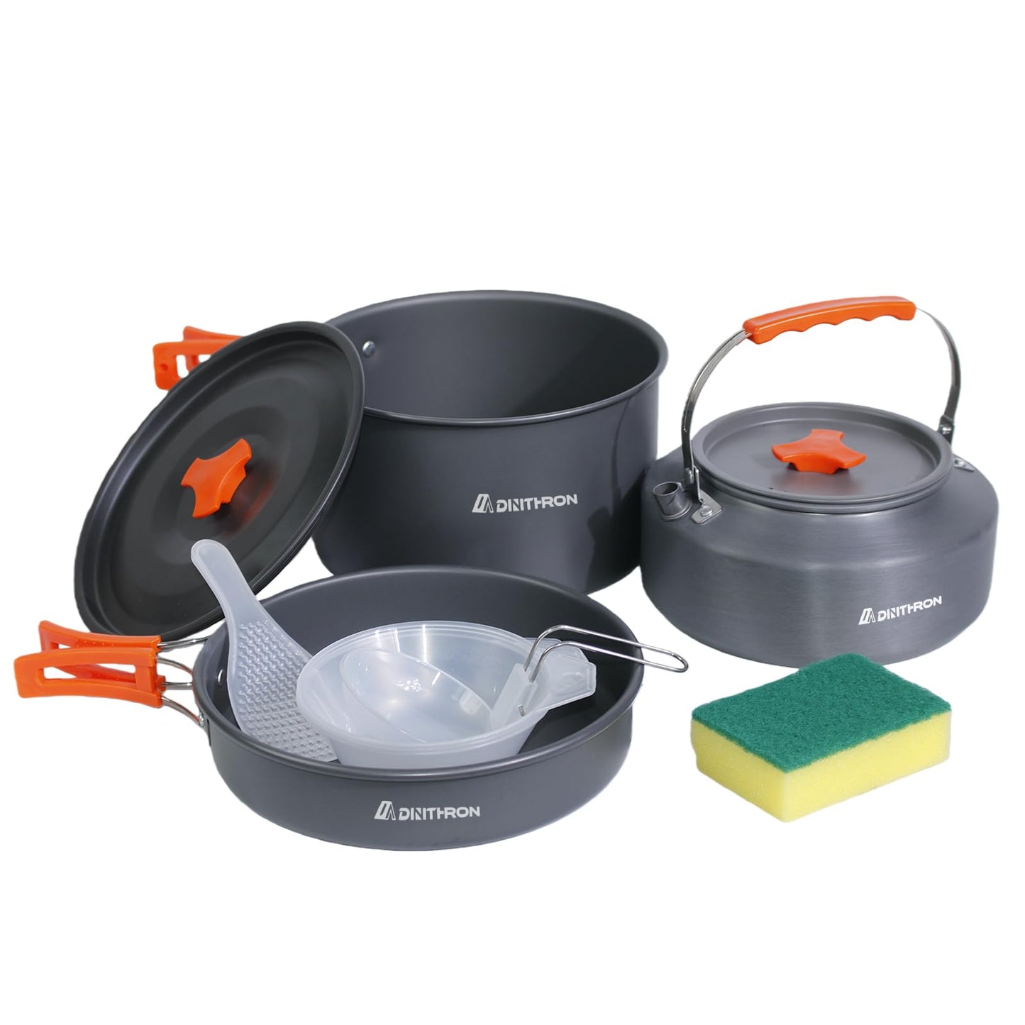 DINITHRON Camping Cookware Set Silicone Handle 10-Piece Lightweight Backpacking Pots and Pans Set, Compact Nesting Camping Cooking Set with Folding Handle for Hiking Family Camping & Outdoor Picnic