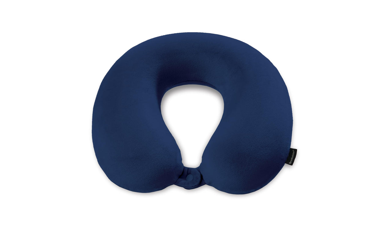 Brookstone Travel Neck Pillow - Lightweight Fleece Casing U-Shaped Stuffable Memory Foam Travel Pillow for Sleeping and Neck Support, Blue
