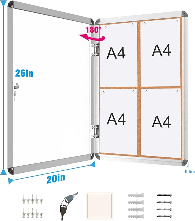 2 Pack 26"x20" Enclosed Bulletin Board, Lockable Weather-Resistant Aluminum Cork Noticeboard for School & Office, Silver Frame w/Cork