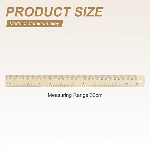 HARFINGTON 4pcs Metal Straight Ruler 30cm Metric SAE Aluminum Alloy Measuring Rulers Scale Tool with Hole for Measure Study Reading Classroom Office, Beige