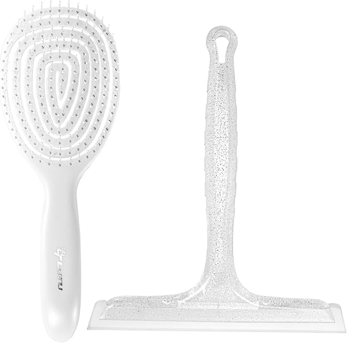 Shower Squeegee for Glass Doors, Bathroom Squeegee for Shower, Window Squeegee - Silver Comb and Squeegee Set for Hair Care and Glass Cleaning, by LTLUTU