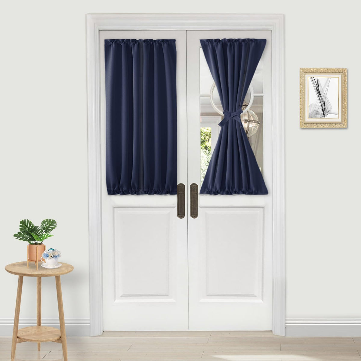 DWCN French Door Curtains â Rod Pocket Thermal Blackout Curtain for Doors with Glass Window, Kitchen and Patio Doors for Privacy, 25 X 40 Inch Length, 1 Curtain Panel with Tieback, Navy Blue
