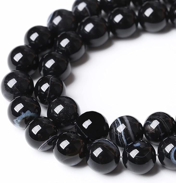 32PCS 12mm Natural Black Striped Agate Beads Gemstone Round Loose Beads for Jewelry Making DIY Bracelet Necklace 15" Inch