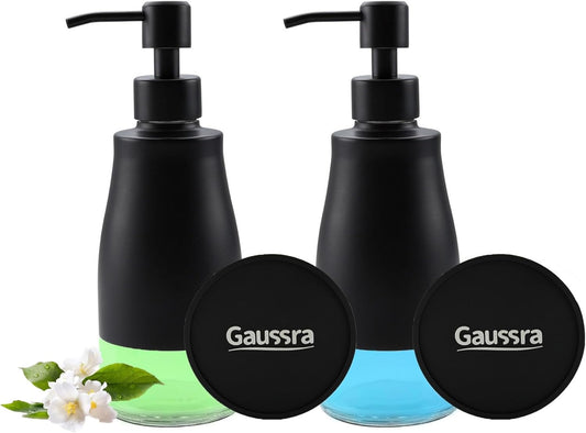 Gaussra Black Soap Dispenser with Coaster and Stickers, Dish Soap Dispenser for Kitchen, Hand Soap Dispenser for Bathroom, 304 Stainless Steel Glass Lotion Dispenser (2 Pack)