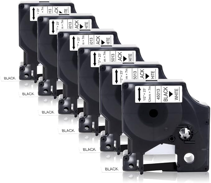 6-Pack 45013 Tape Compatible with Dymo 160 Label Maker Refill 1/2 Inch Black on White D1 Label Tape 45013 a45013 45013s S0720530 for LabelManager 280 160 420P 220P 210D 360D 450D, 23 Feet
