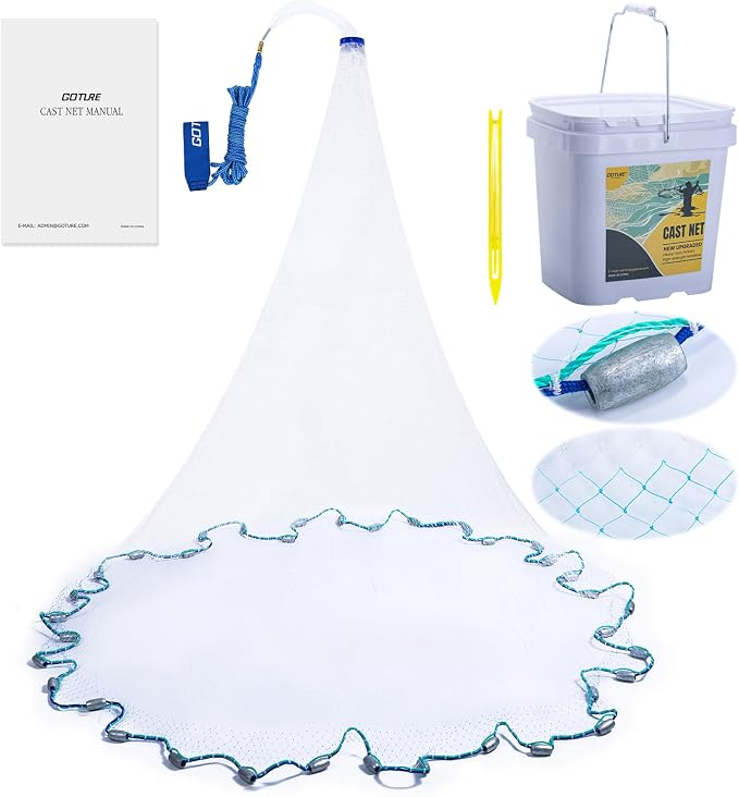 Goture American Fishing Cast Net Saltwater Freshwater,3/8in Mesh Size Casting Net for Bait Fish Shrimp Trap,Heavy Duty Sinkers Dual Color Double Selvage,10ft Radius Throw Cast Net