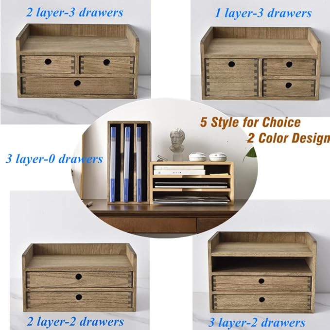 KIRIGEN Desk Organizer with Drawers - Wood Drawer Storage Box with Trays for Tabletop - Workspace Office Toiletries Supplies Tool Caddy - Wooden Storage Cabinet Dark Brown（DT2D3C-DBR）