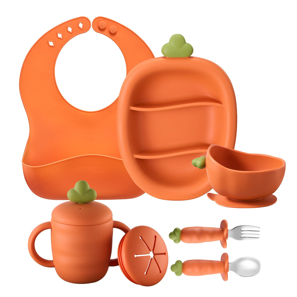 COZY ROCK Silicone Baby Feeding Set, Carrot Design BLW Toddler Feeding Set with Suction Plate & Bowl, Bib, Fork & Spoon, 2-in-1 Straw and Snack Cup, BPA-Free Baby Tableware for Starting Solids