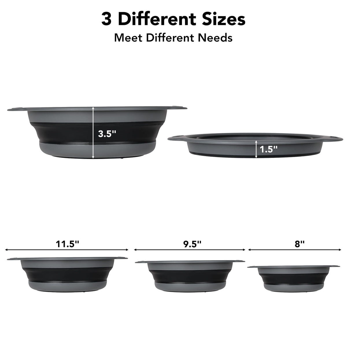 Collapsible Colander Set of 3 with Kitchen Counter Self-draining Base, Round Silicone Food Foldable Strainer for Cooking Pasta, Vegetables and Fruit (3QT, 4QT and 5QT), Black